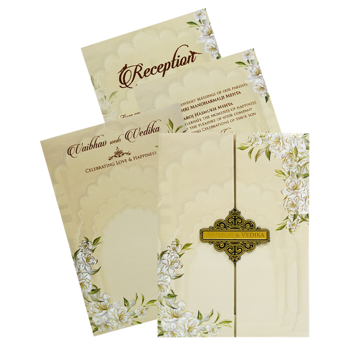 Vanilla Beige Floral Door Nameplate Padded Invitation Card