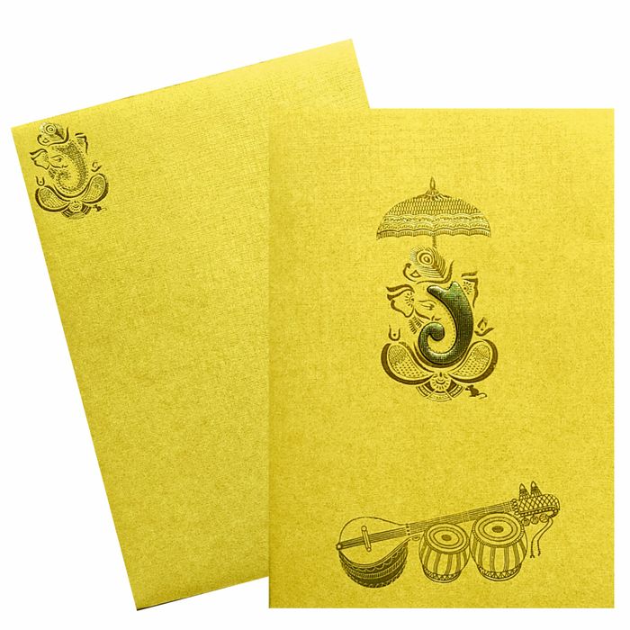 Gold Metallic Invitation With Embossed Ganesha Trunk-KNCM28GG