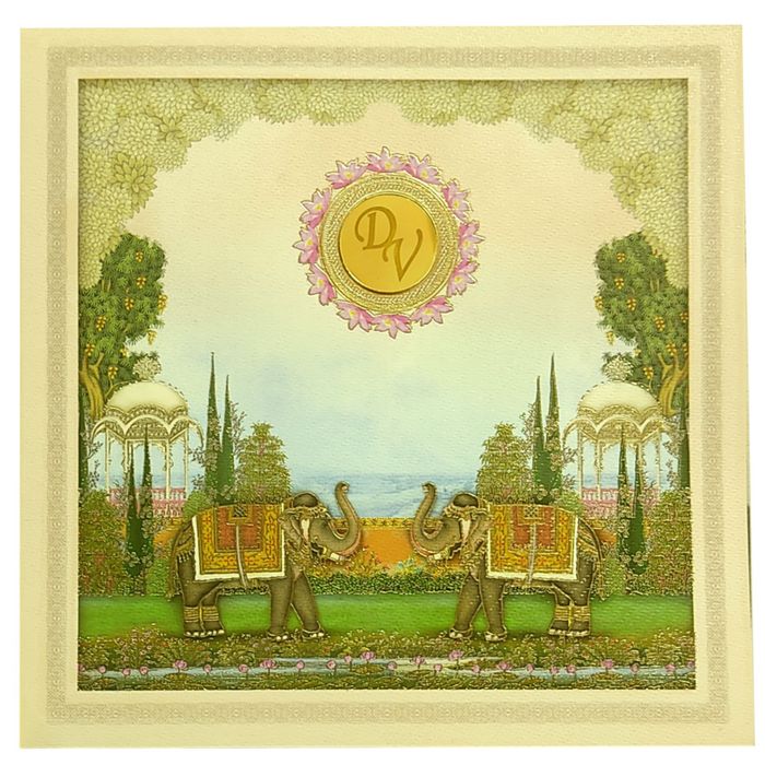 Cream Pink Floral Elephant Invitation Card