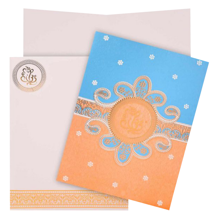 Enchanting Blue With Orange Shading Blossom Theme Wedding Card - KNK2956