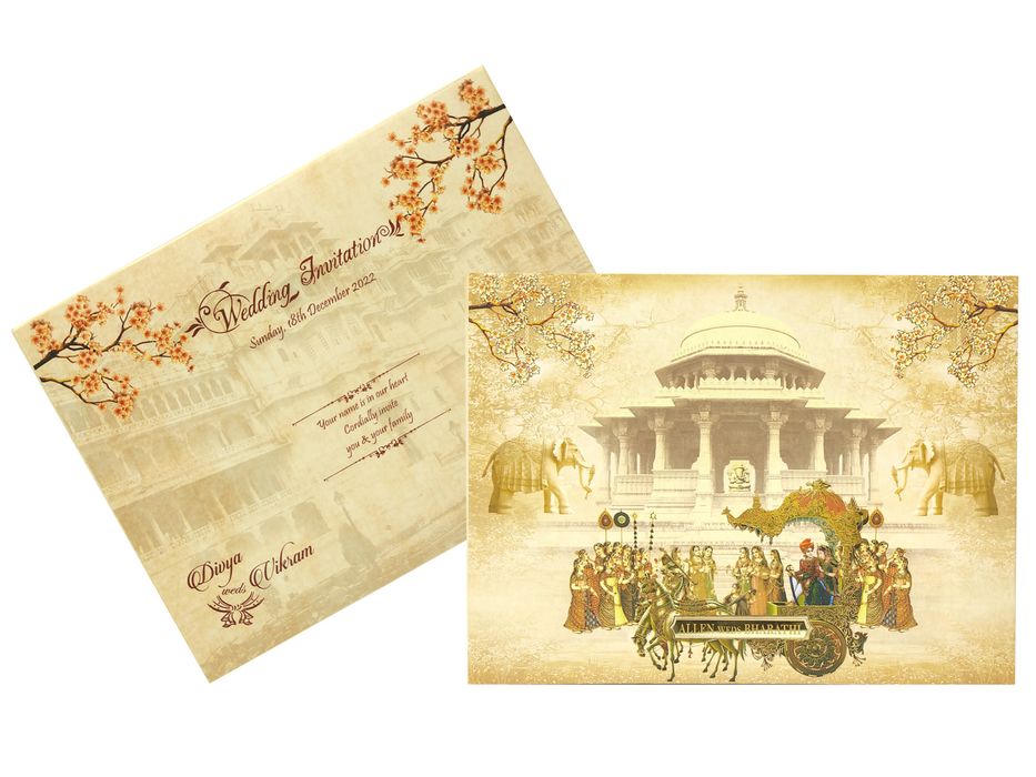 Cream Padded Chariot Wedding Card With Ganesha Temple-KNPO9901C