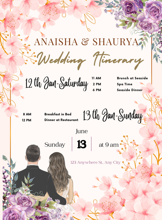 Pink Flower Wedding Itenary Invitation
