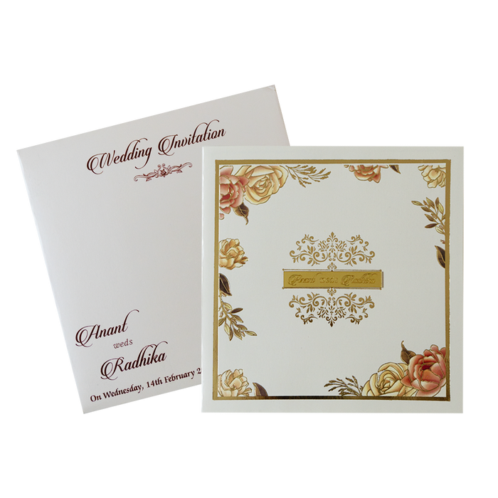 Metallic White Bordered Customized Nameplate Wedding Card