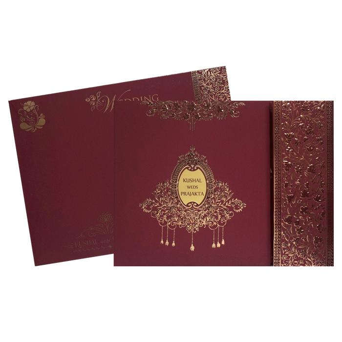Maroon Embossed Padded Wedding Card