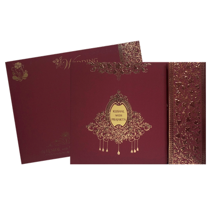 Maroon Embossed Padded Wedding Card