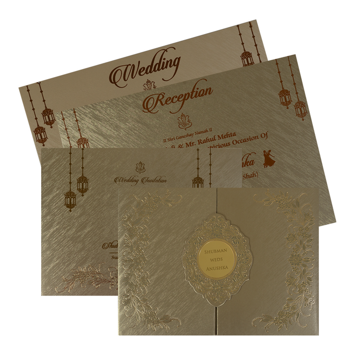 Metallic Olive Green Nameplate Padded Wedding Card