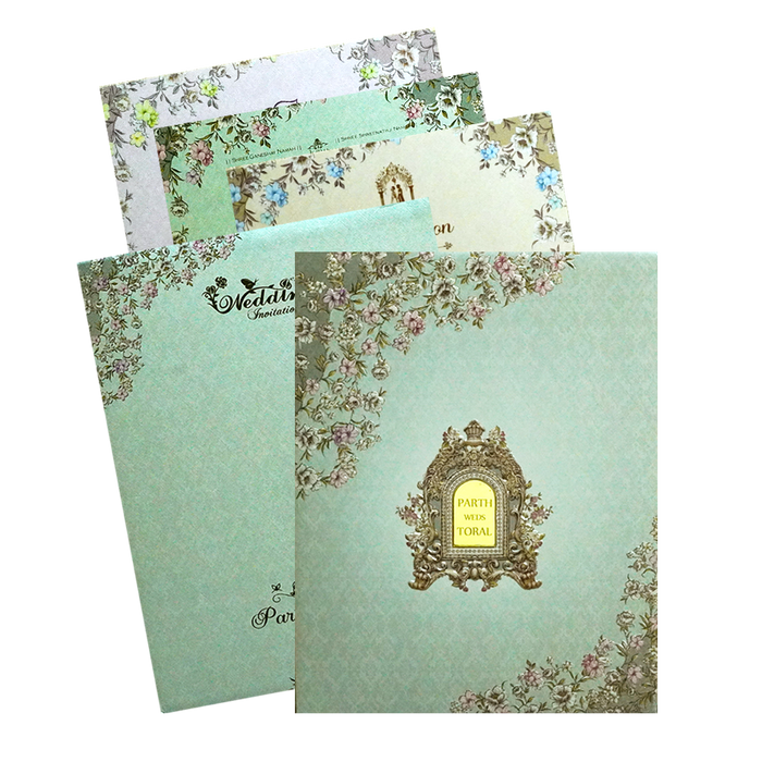Pista Green Floral Padded Invitation Card