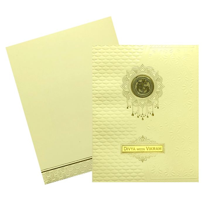 Cream Embossed Ganesha Invitation card