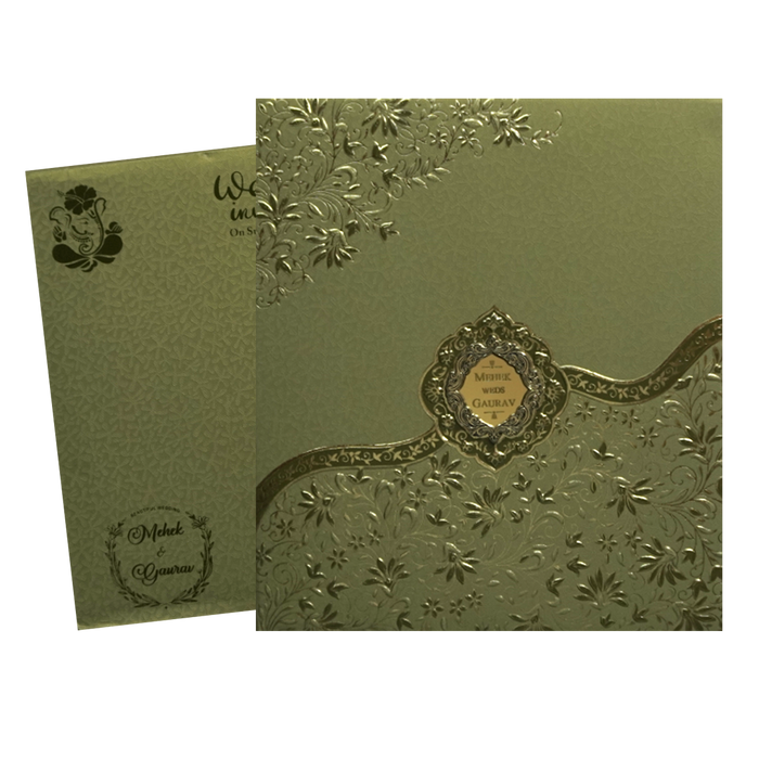 Metallic Olive Green Floral Invitation Card