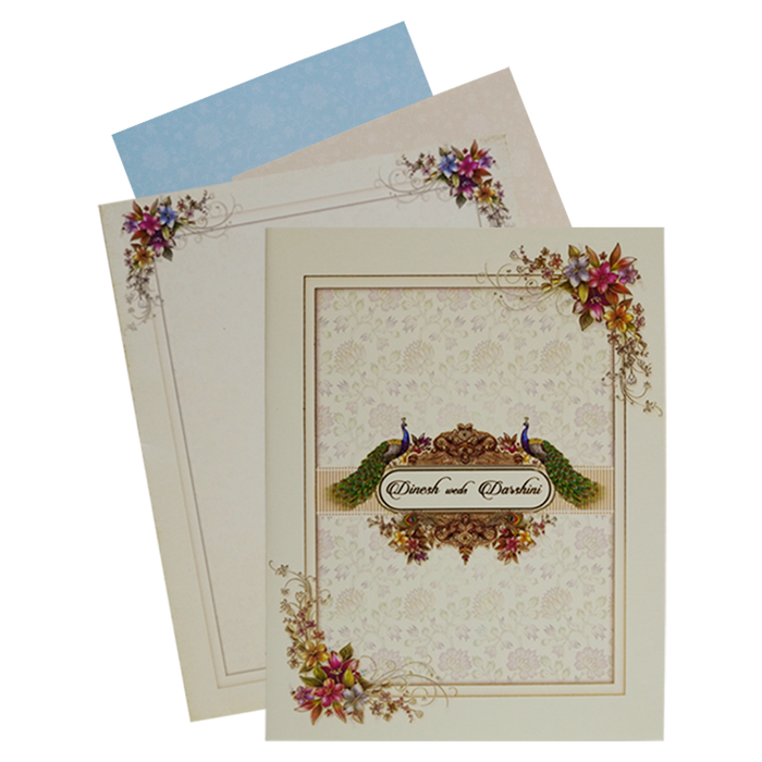 Cornsilk Floral Peacock Wedding Invitation Card