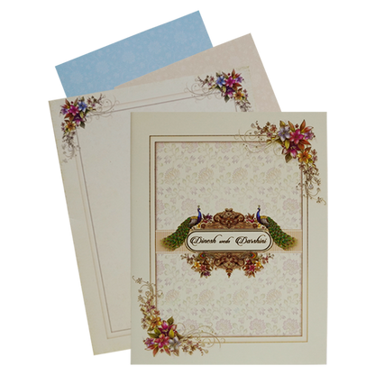 Cornsilk Floral Peacock Wedding Invitation Card