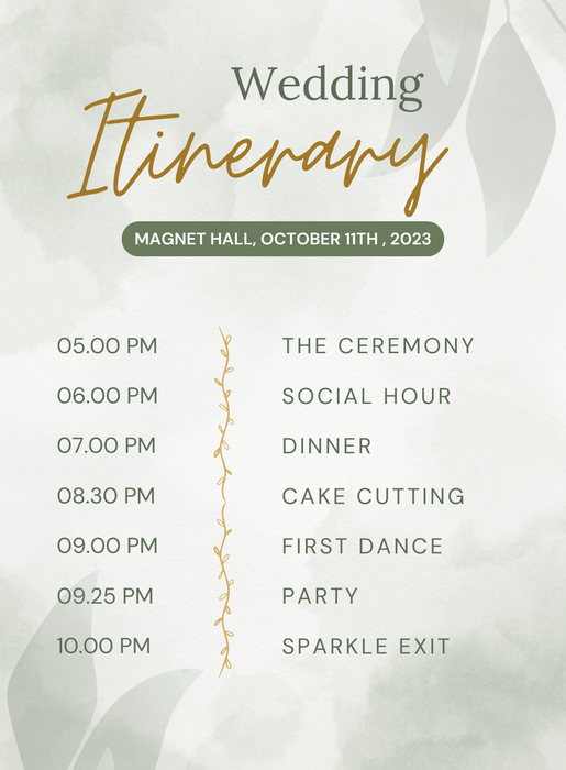 Green Watercolor Wedding Itinerary