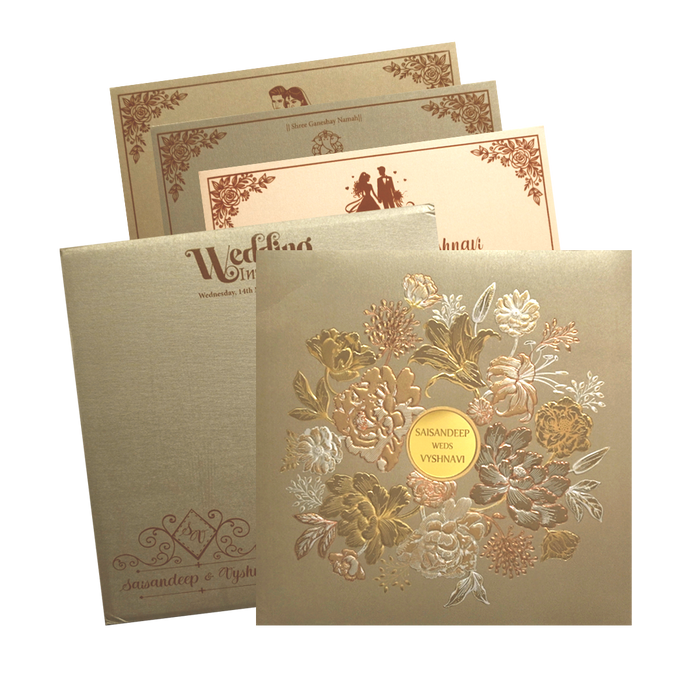 Chickoo Metallic Padded Wedding Invitation