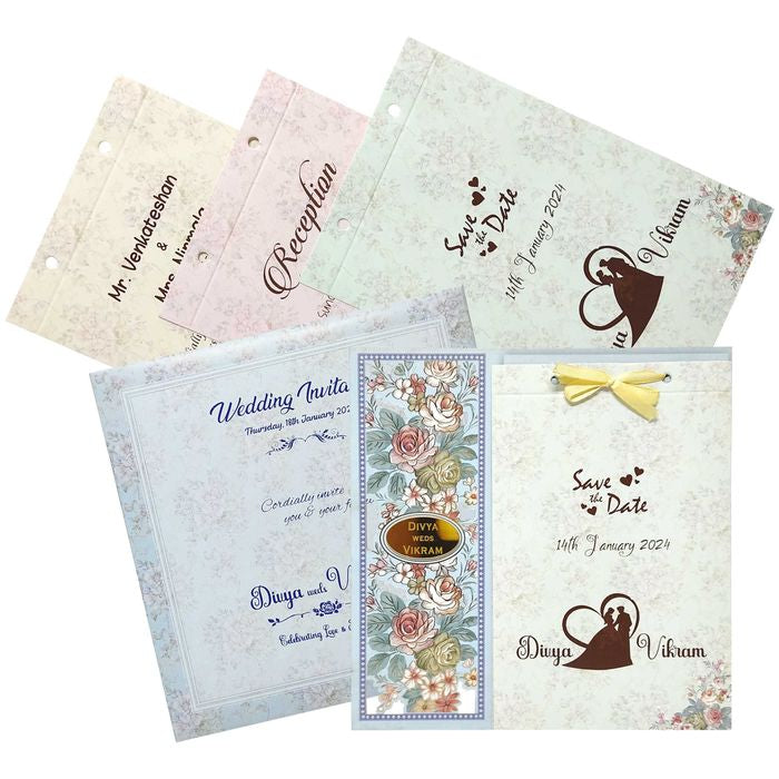 Blue Floral Offset Print Wedding Invitation Card-KNKA8063