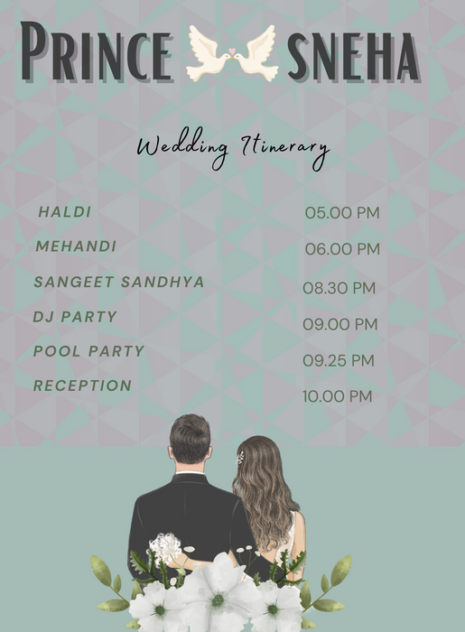 Green Doves Wedding Itinerary Invitation