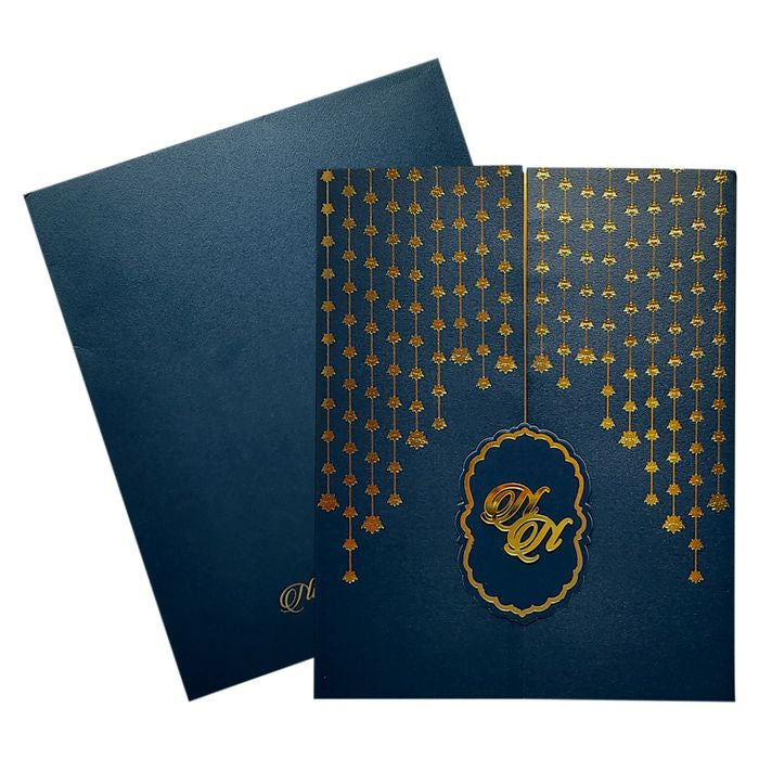 Blue Lotus Foil Door Nameplate Wedding Card