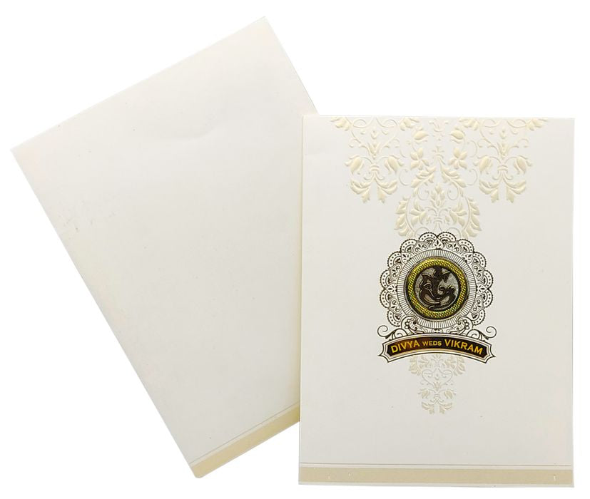 White Screen Embossed Floral Design With Gold Foiling And Ganesha-KNK7033W