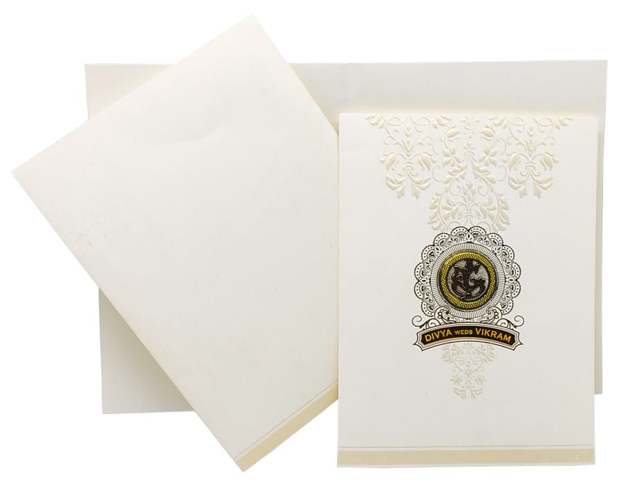 White Screen Embossed Floral Design With Gold Foiling And Ganesha-KNK7033W