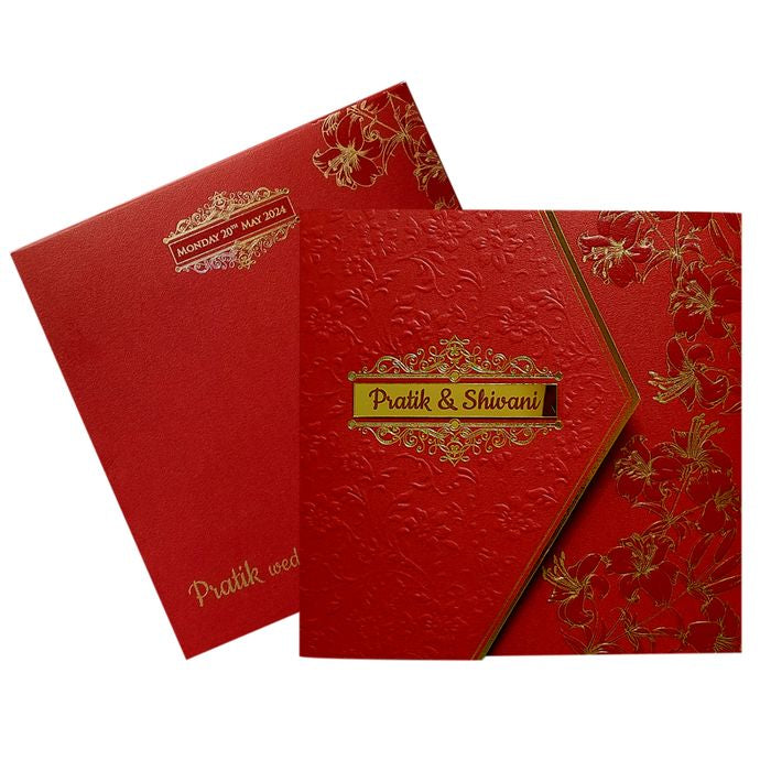 Red Floral Nameplate Door Wedding Card