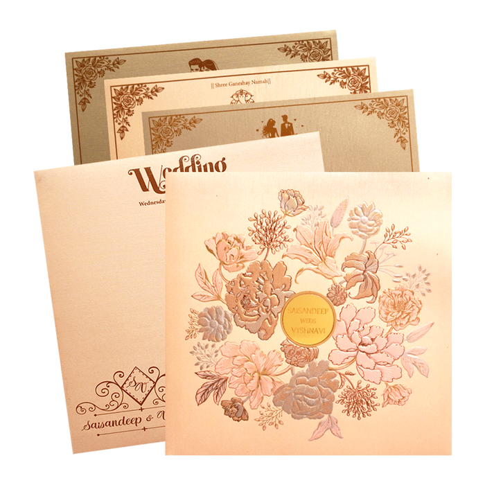 Peach Padded Embossed Hibiscus Wedding Card