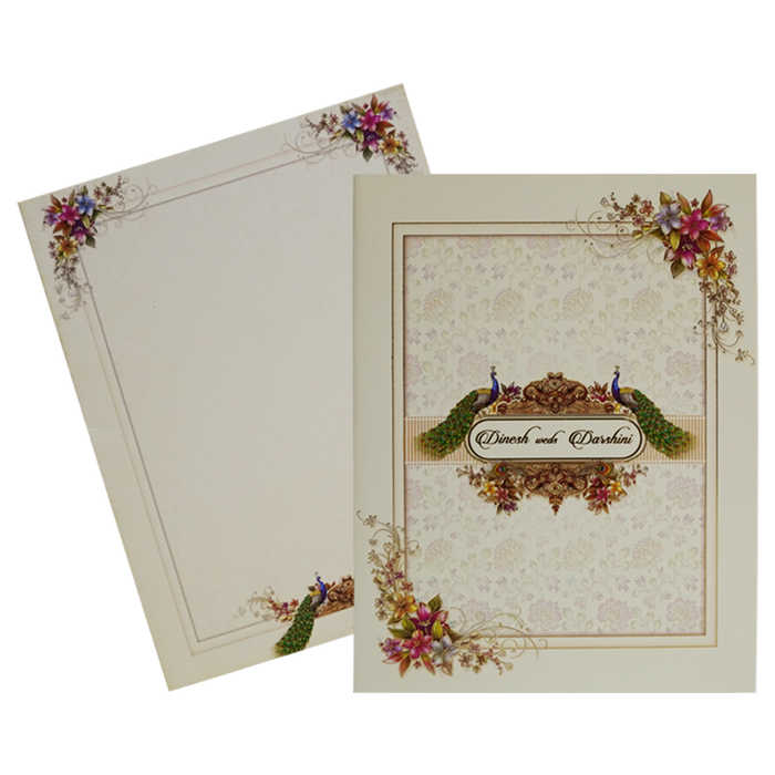Cornsilk Floral Peacock Wedding Invitation Card