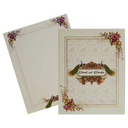 Cornsilk Floral Peacock Wedding Invitation Card
