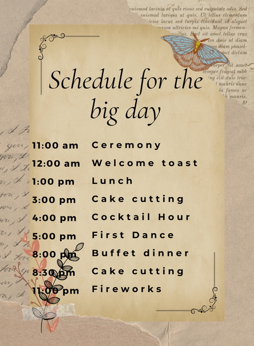 Watercolor Butterflies Wedding Itinerary