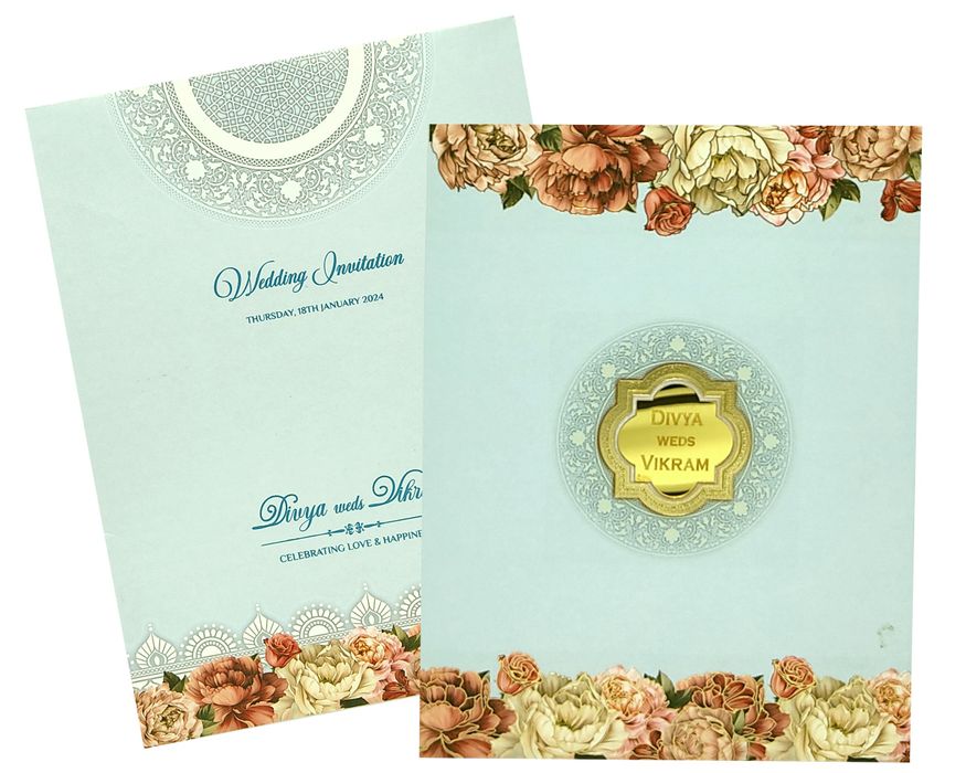 Light Blue Floral Padded Wedding Card In Offset Print