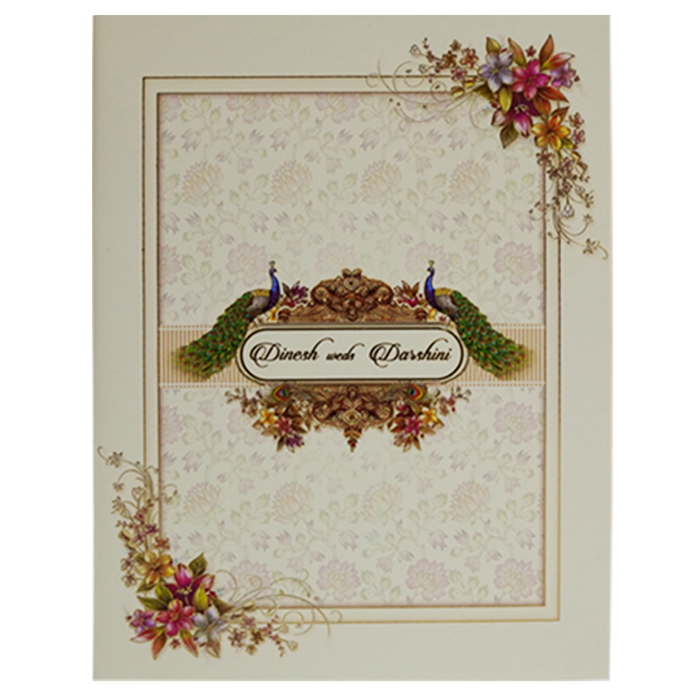 Cornsilk Floral Peacock Wedding Invitation Card