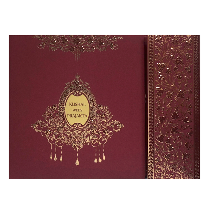Maroon Embossed Padded Wedding Card