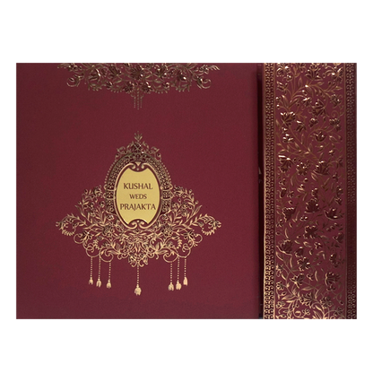 Maroon Embossed Padded Wedding Card