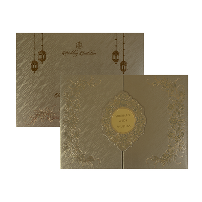 Metallic Olive Green Nameplate Padded Wedding Card