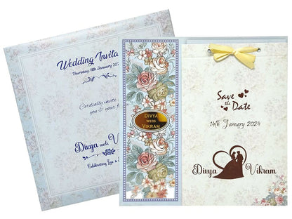 Blue Floral Offset Print Wedding Invitation Card-KNKA8063