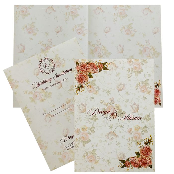 Pink Classic Uncoated Floral Invitation Card In Offset-KNKC4041