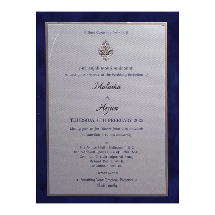 Royal Blue Velvet Padded Single Invitation Card