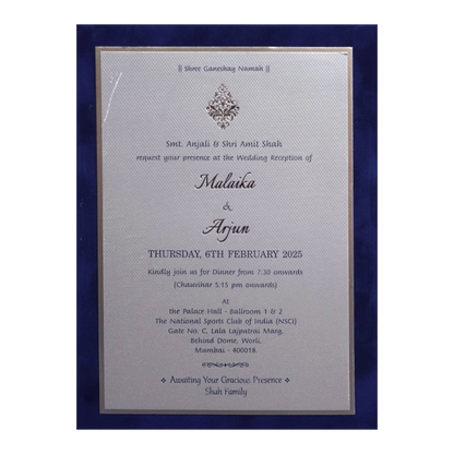 Royal Blue Velvet Padded Single Invitation Card