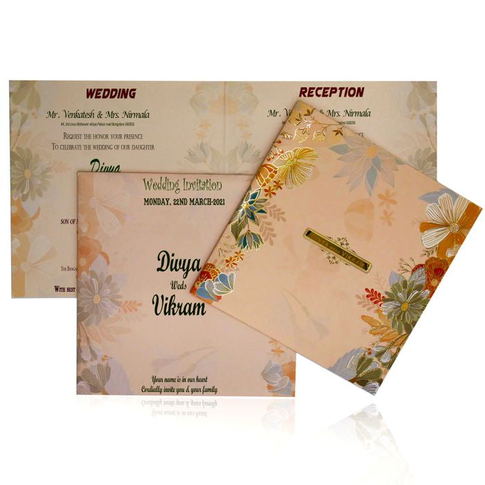 Orange Offset Floral Wedding Card With Name Plate and Gold Foiling-KNBY5405