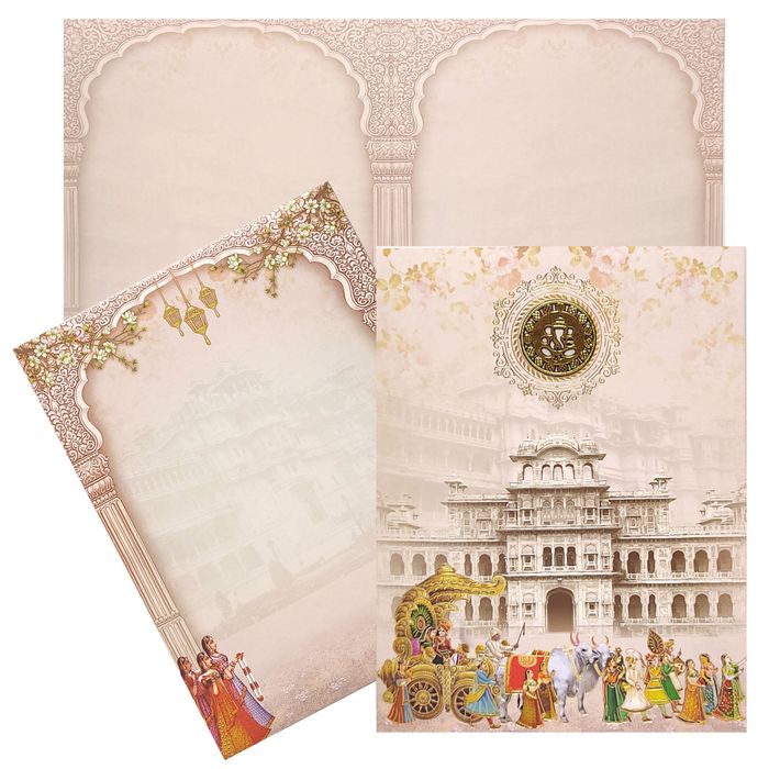 Grey Offset Print With Palace and Baraat Design Invitation-KNKJ1099
