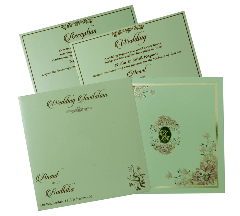 Pista Green Bordered Floral Nameplate Wedding Invitation Card