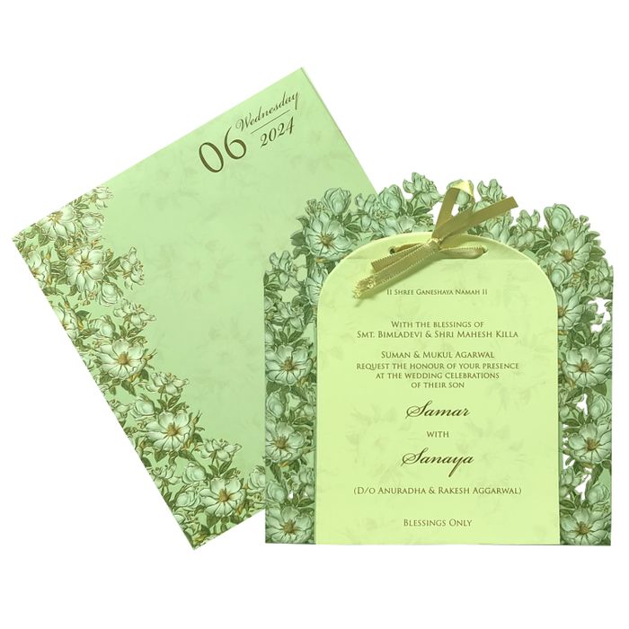 Olive green floral laser cut board invitation card