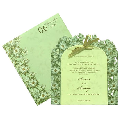 Olive green floral laser cut board invitation card