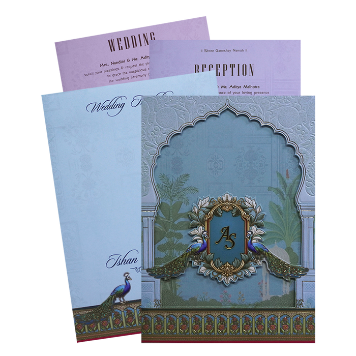 Pastel Blue Peacock Padded Invitation Card