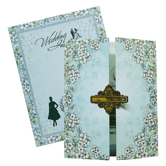 Blue Floral Door Padded Wedding Card