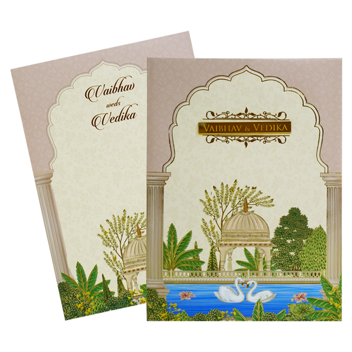 Tea Rose Pink Mughlai Art Padded Wedding Card