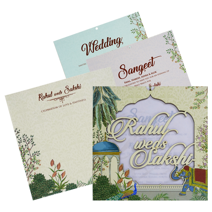 Cream Peacock Elephant MDF Invitation Card