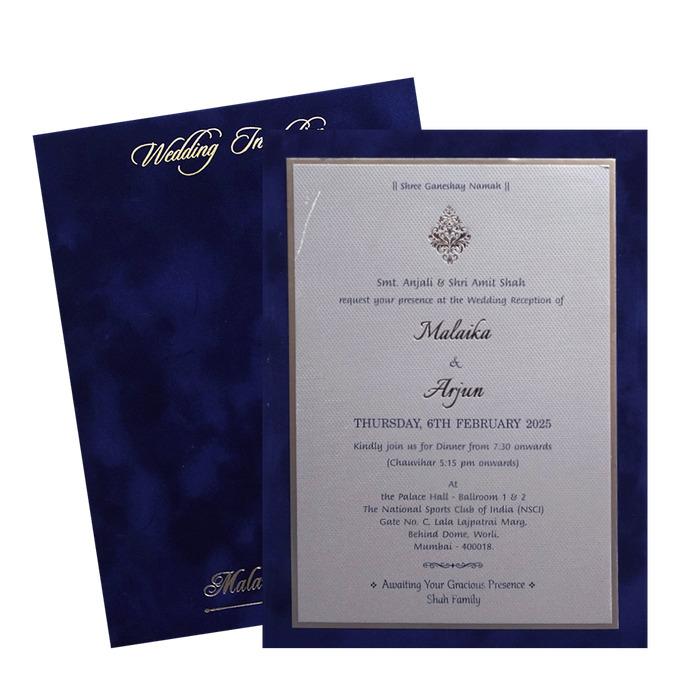 Royal Blue Velvet Padded Single Invitation Card