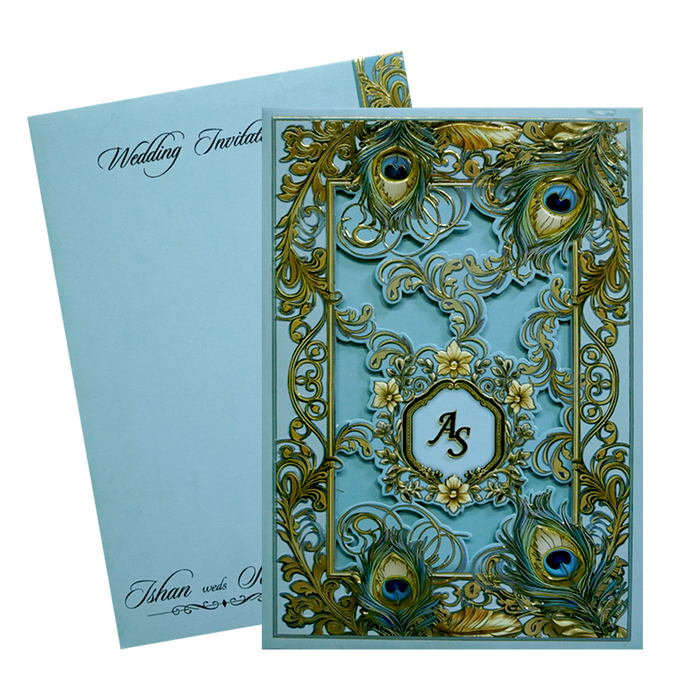 Pastel Blue Floral Peacock Padded Wedding Card