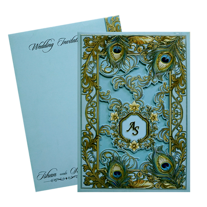 Pastel Blue Floral Peacock Padded Wedding Card