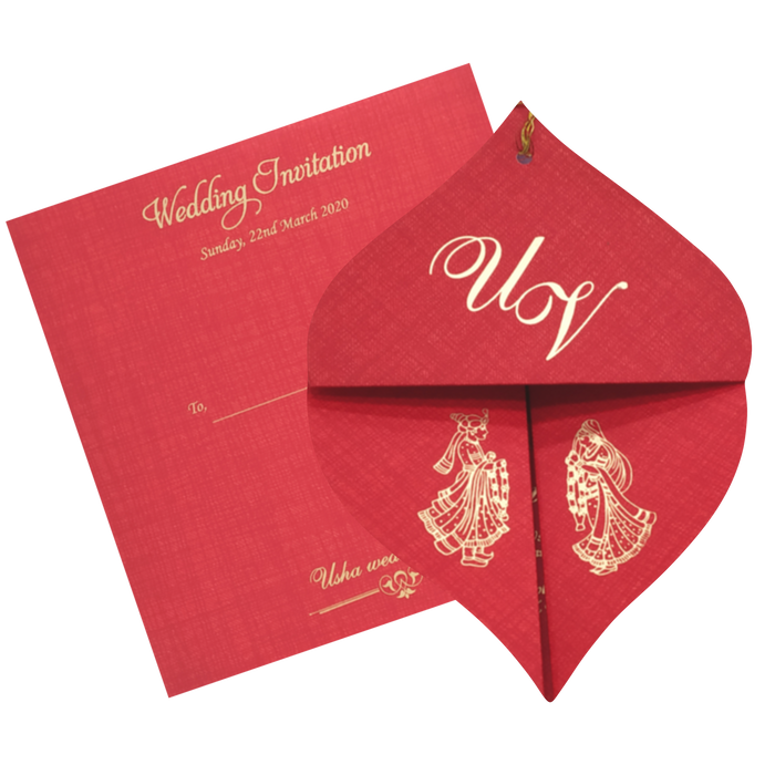 Red Designer Coconut Shape Wedding Card Design-KNF9100R