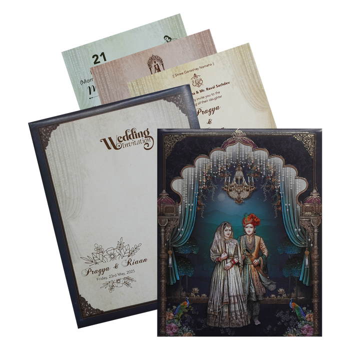 Dark Blue Grey Royal Padded Wedding Card